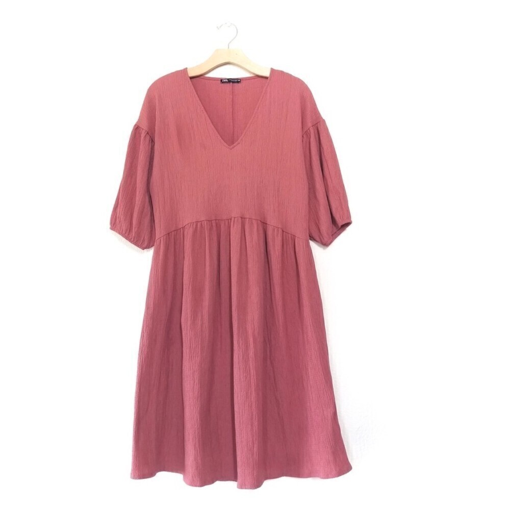 ZARA Cottagecore Loose Fitting Texture Dress Puff Sleeve Mauve Pink Boho Medium